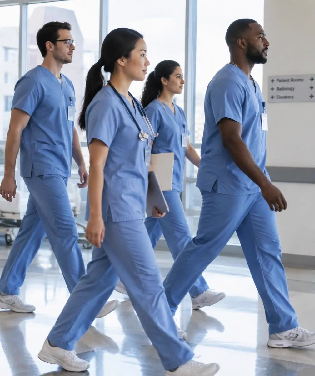 Clinical team walking through a hospital corridor